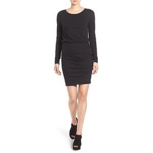 Nordstrom Leith Black Long Sleeve Side Skirt Ruching Mini Dress | SZ XS